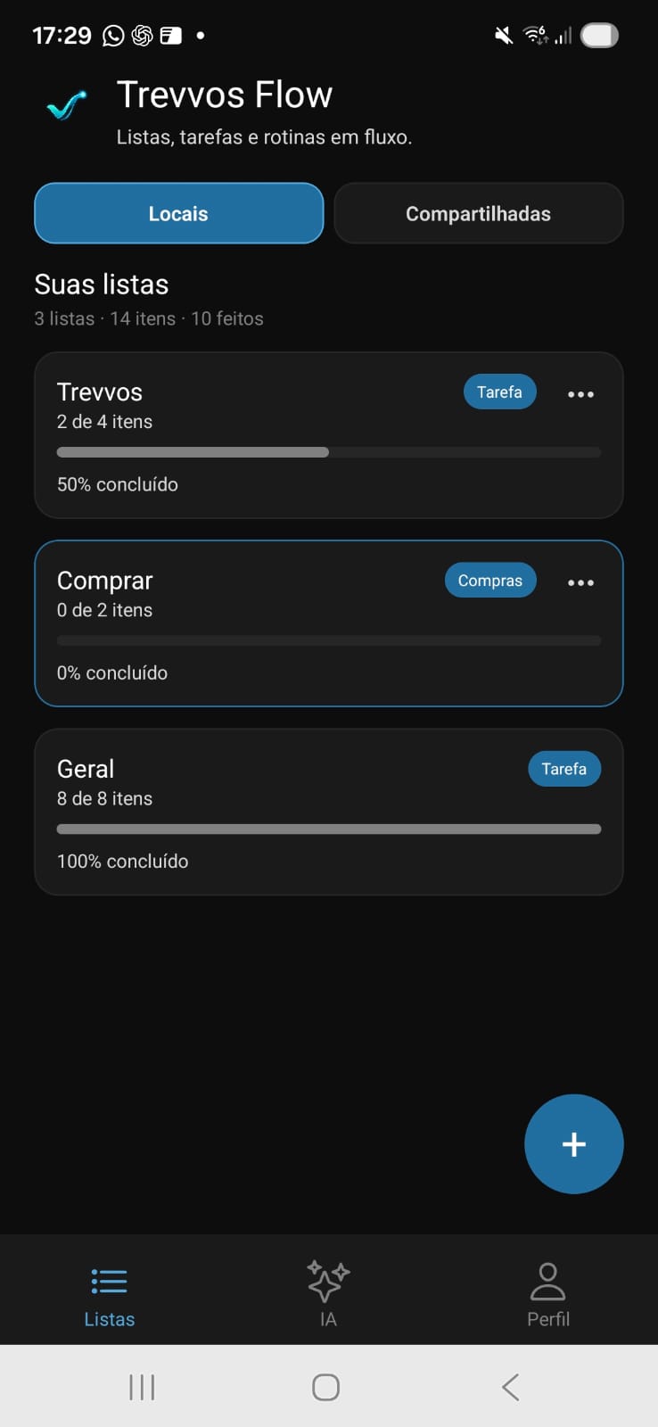 Tela inicial do Trevvos Flow com listas locais e compartilhadas