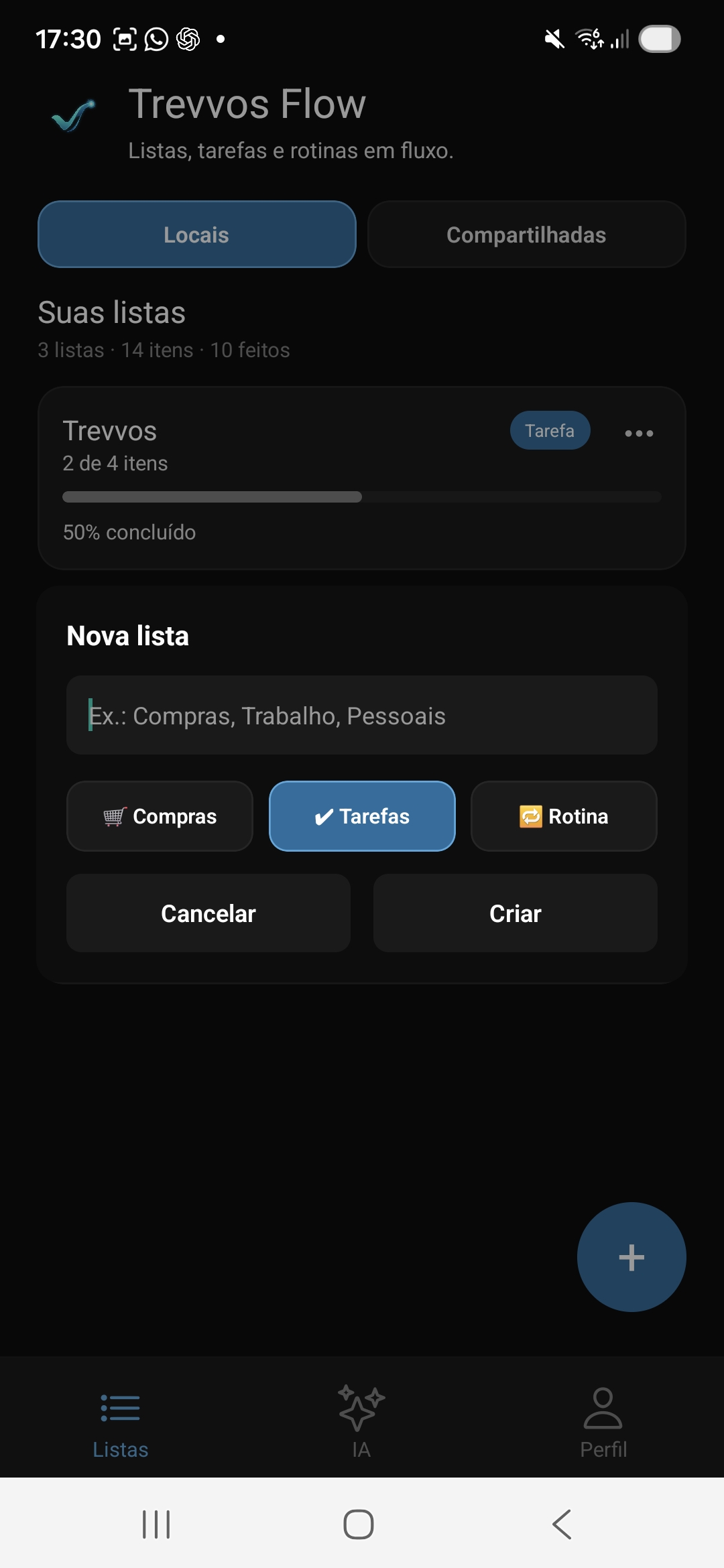 Criação de nova lista no Trevvos Flow